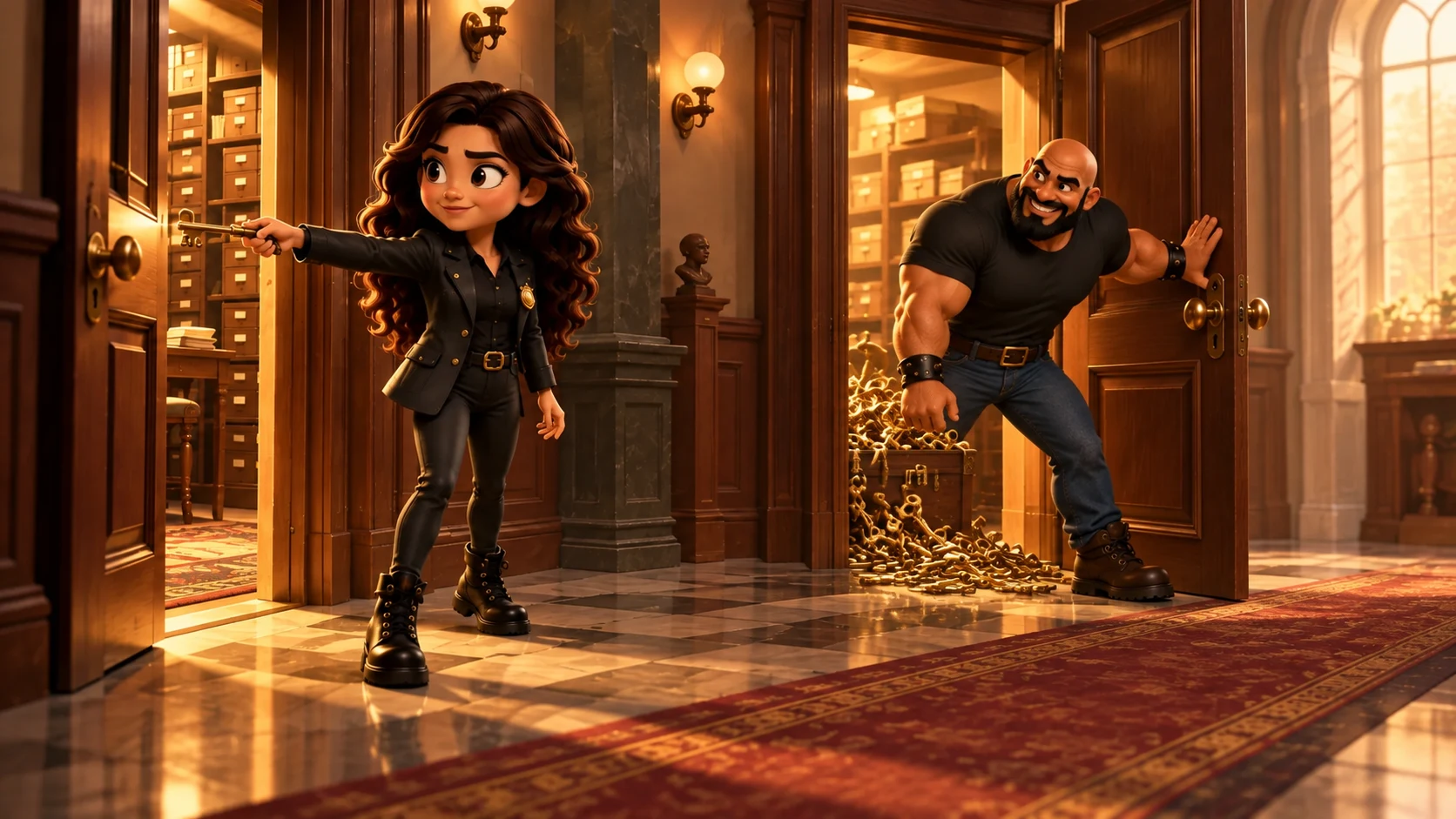 Two-door hotel archive: Bruno holds open a crowded second door while Ness uses one key for the direct door.