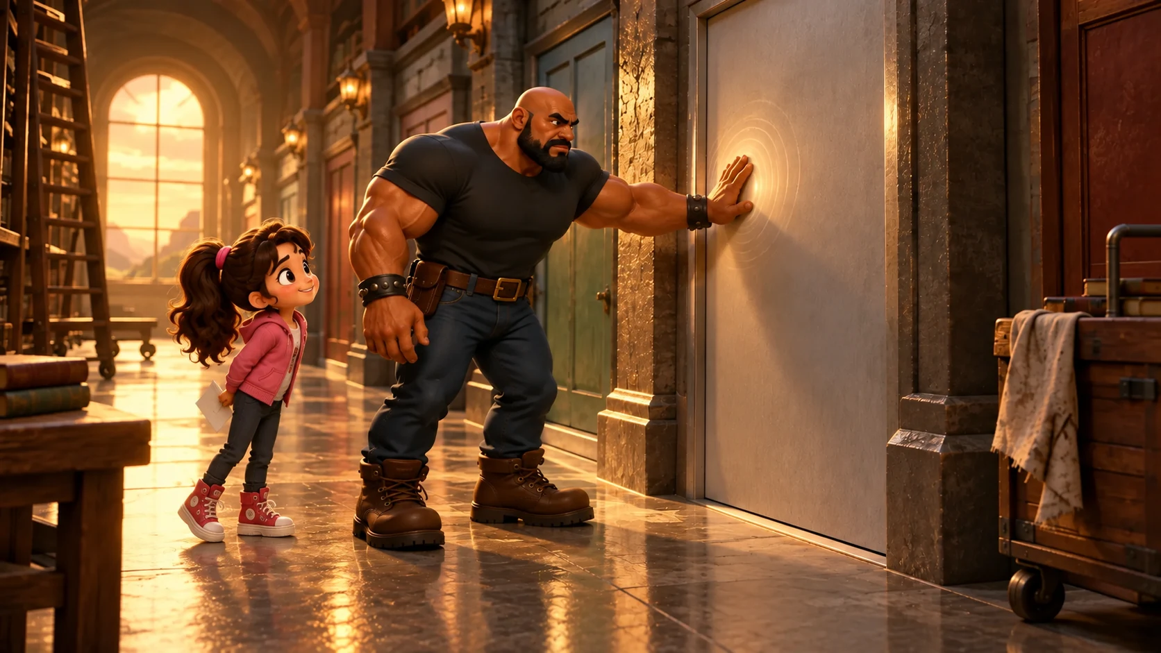 Blank-door archive: Tya keeps an answer card hidden behind her back while Bruno makes a cold attempt at the blank door.