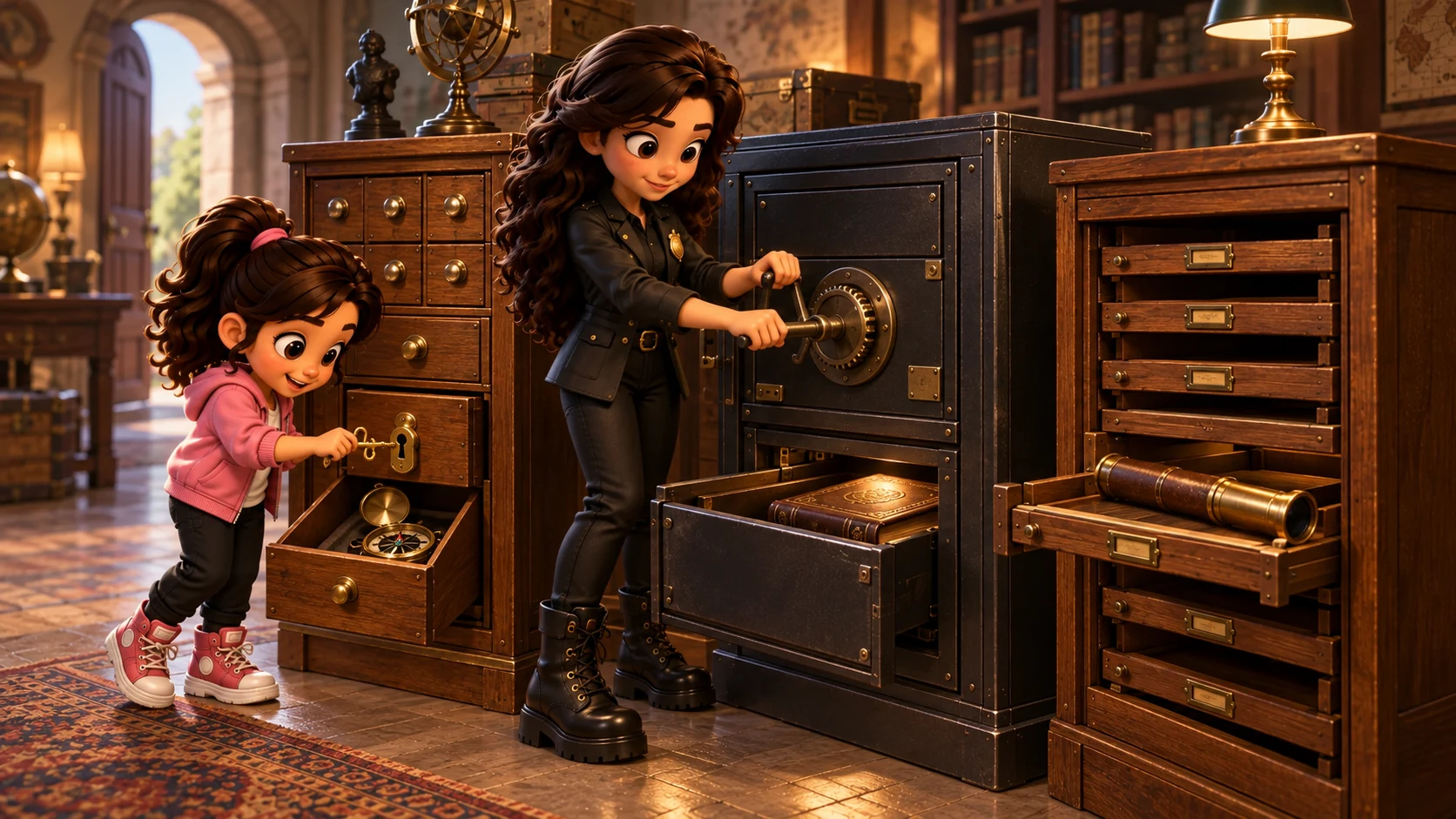 ness works a hand-crank cabinet beside two differently opened drawers.