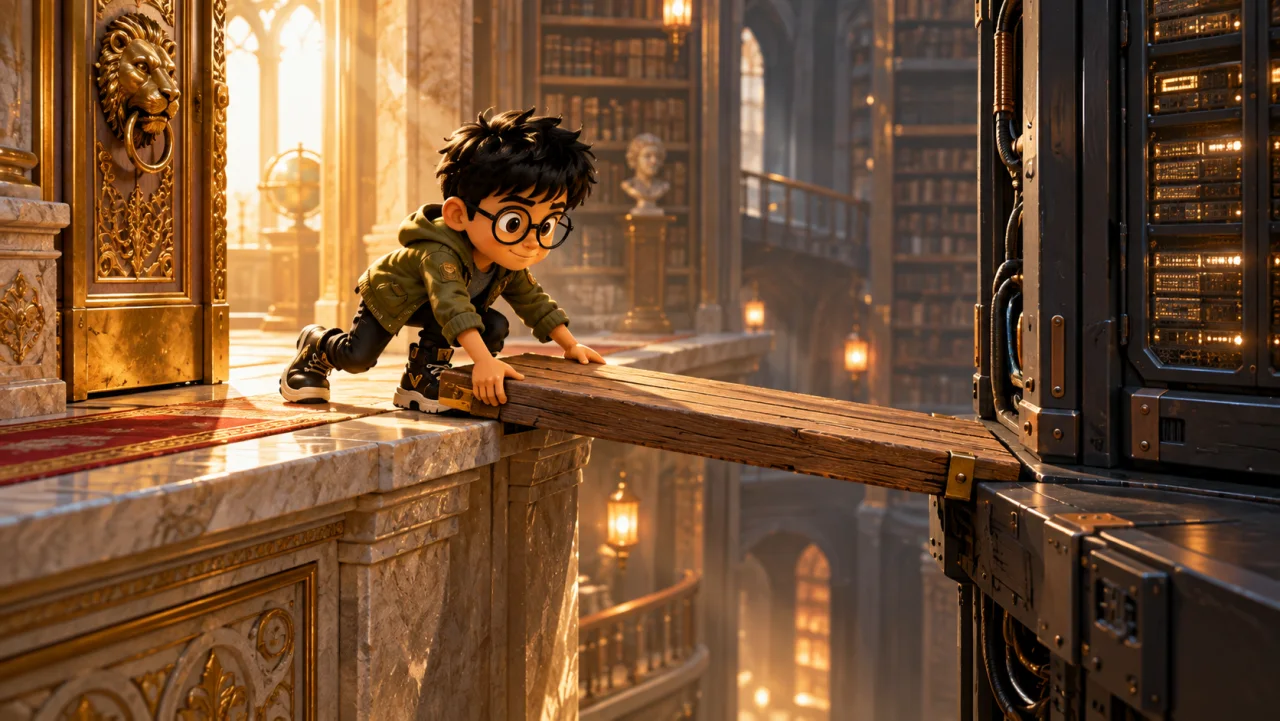 leo lays a bridge between a palace door and a machine cabinet without joining their walls.