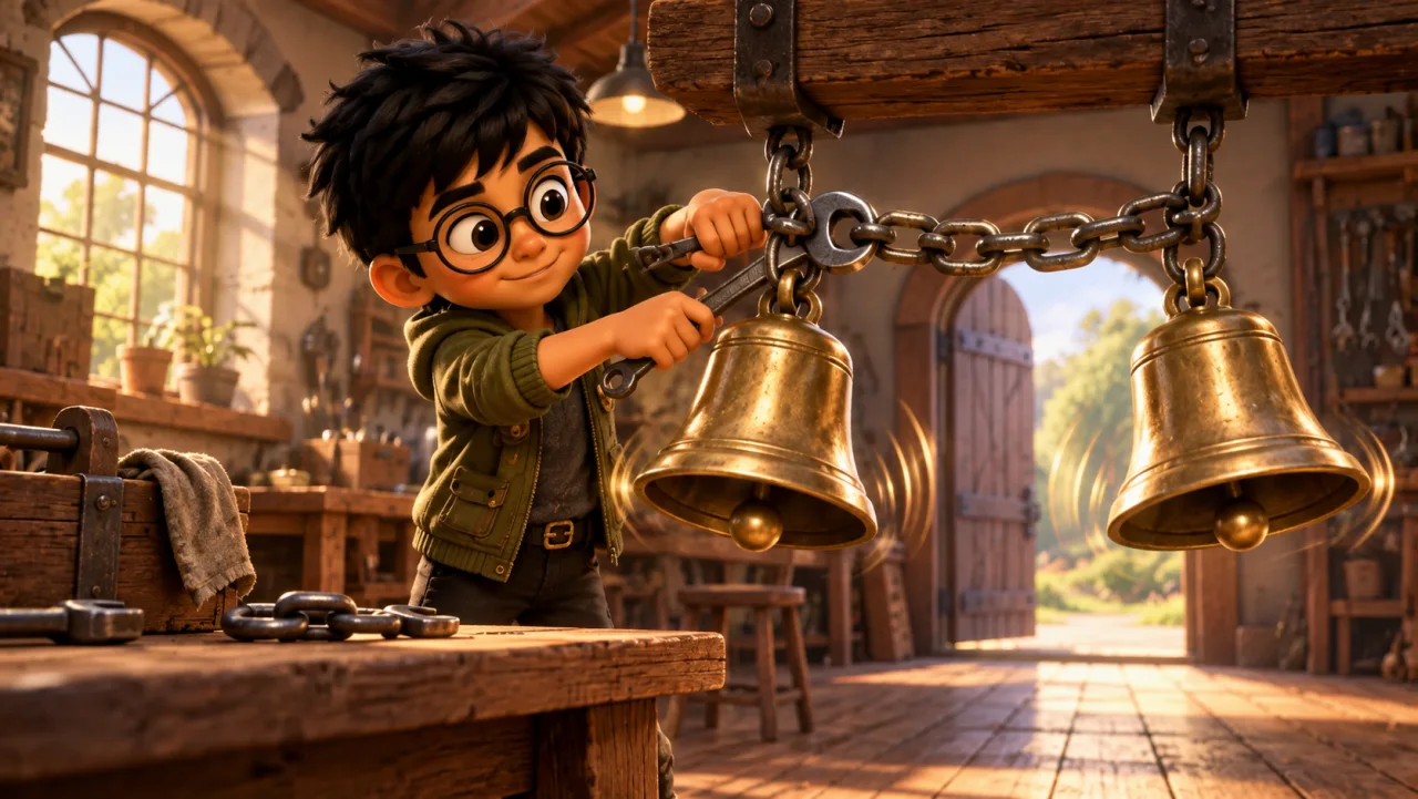 leo tightens one link between two bells that repeatedly ring together.