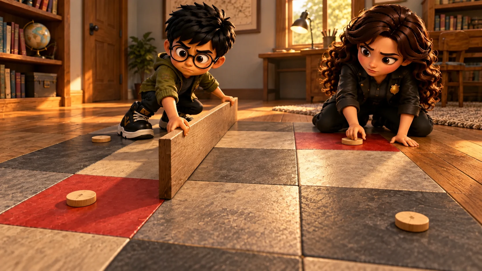 Opposite-corner study: Ness places an opposite-corner marker while Leo tests one straight divider against the four tiles.
