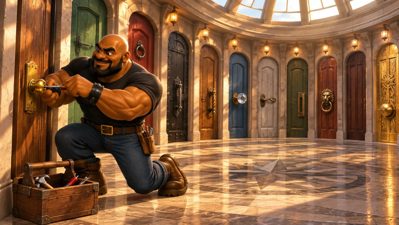 bruno fixes ten distinct door handles in one unchanging order.