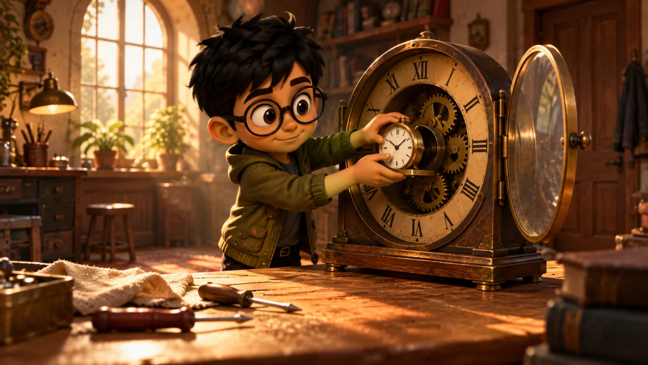 leo sets one short clock inside a larger slow clock at the workbench.
