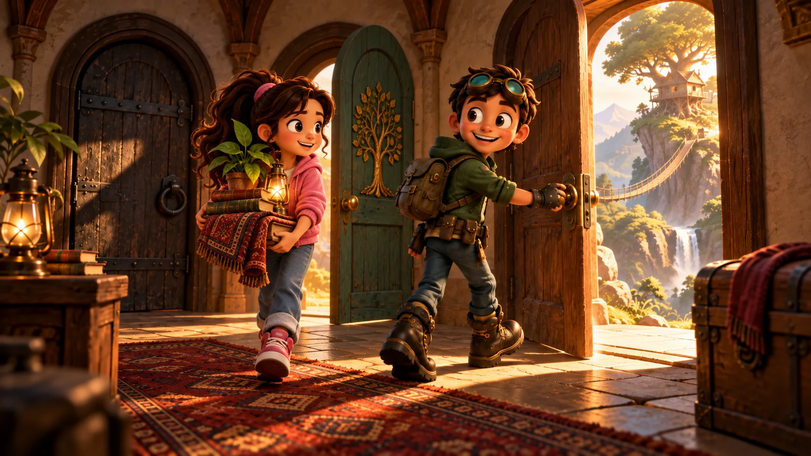 link opens a familiar doorway while Tya carries books and a rolled rug toward it.
