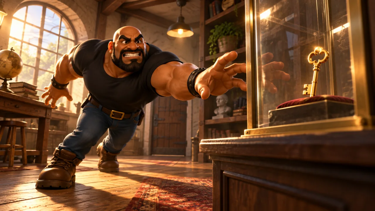 bruno reaches toward a key visible through glass but cannot take it.