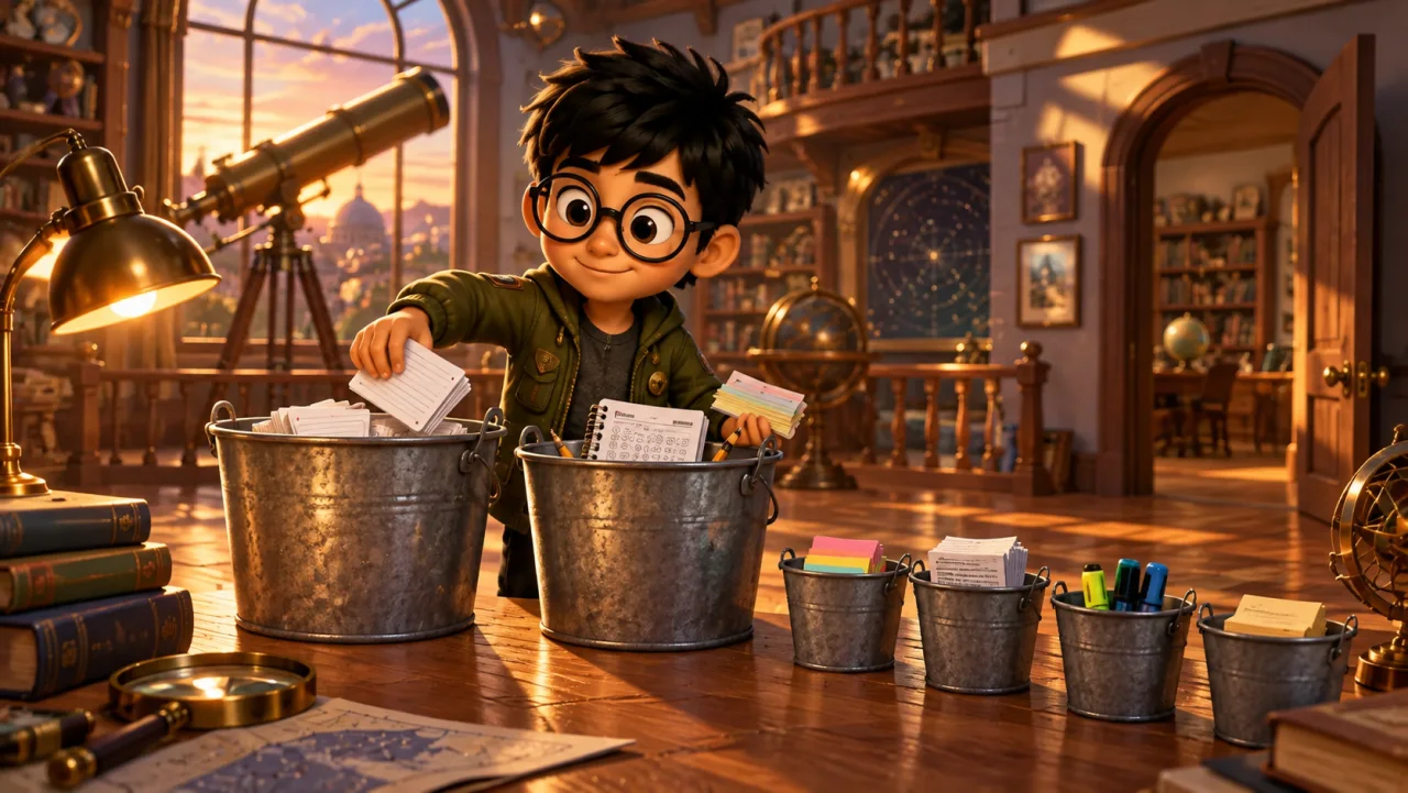 leo sorts papers representing study techniques among buckets of different sizes.