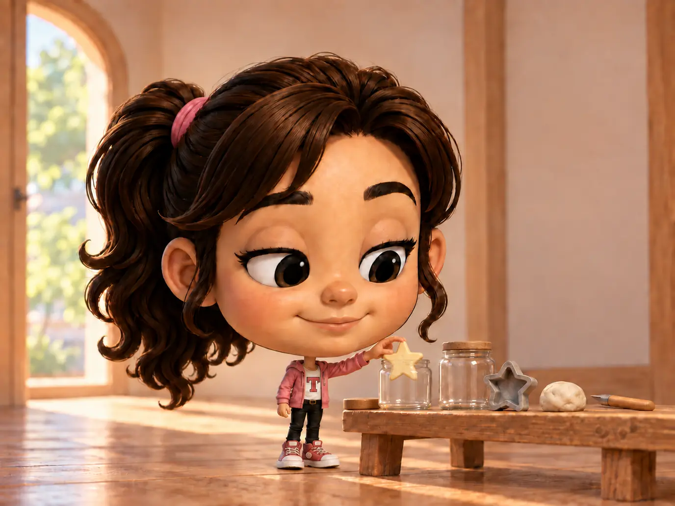 Tya has an enormously enlarged head over a tiny narrow body and reaches toward a finished star above a jar; a cutter and untouched dough sit nearby, with no enlarged lower body.