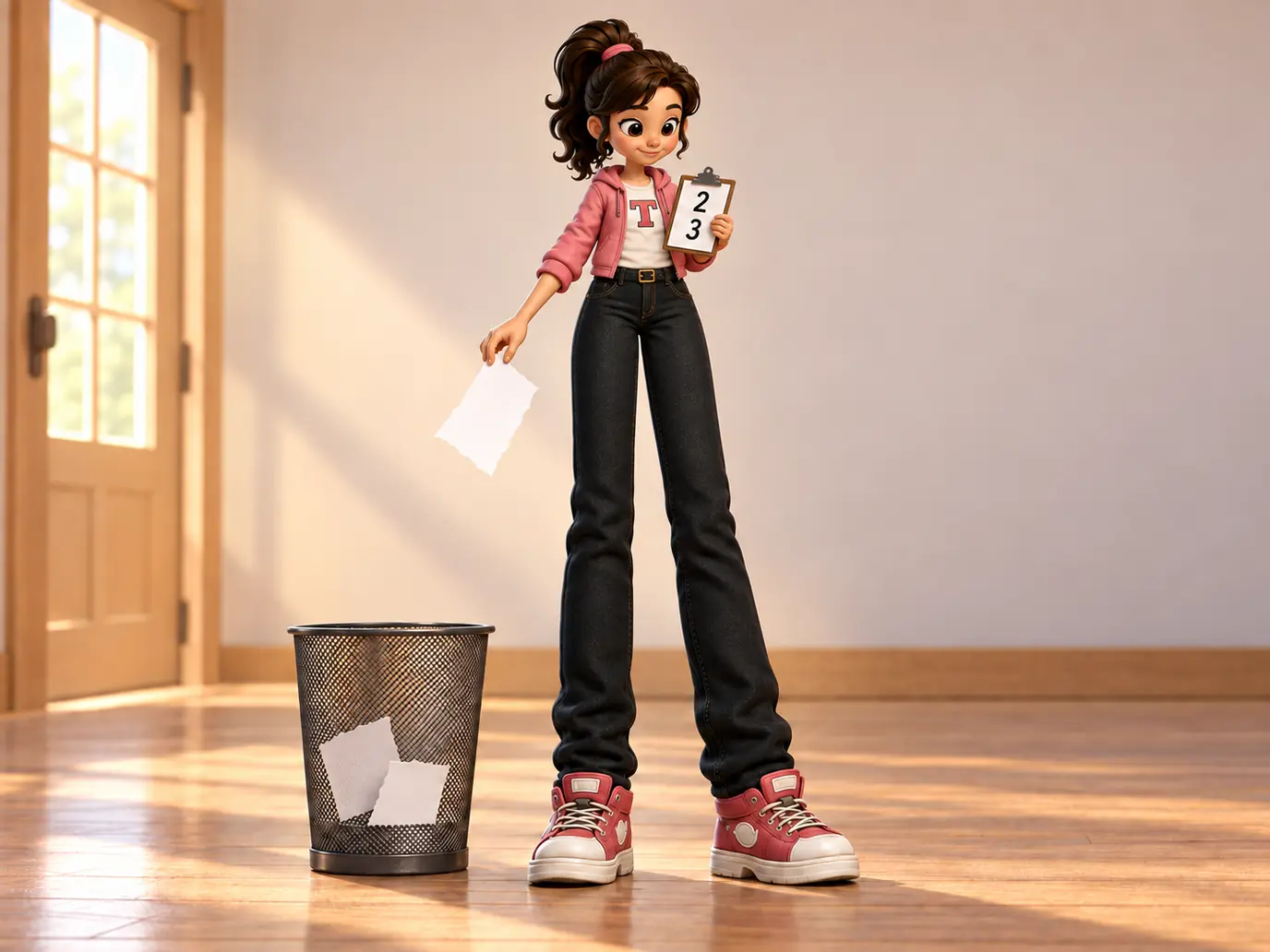 Tya has a compact head and upper torso above an enlarged lower body. She holds a clipboard with two numerals, one above the other, and drops an unmarked torn page into a bin; no table or row of old answers remains.