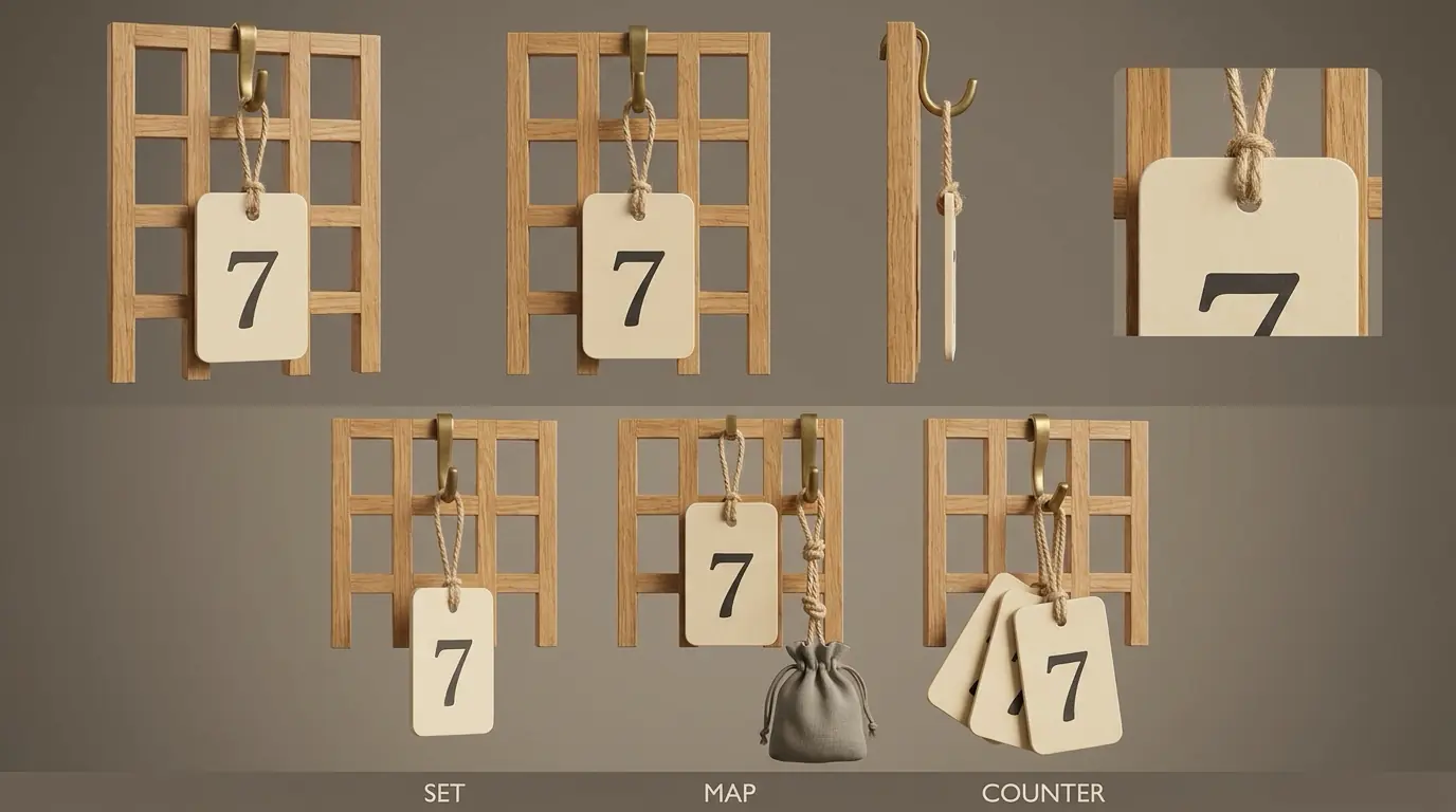 Two small wooden tag boards hang side by side on a pale wall. On the left board a single numbered brass-ringed tag hangs alone from its hook; on the right board the same numbered tag hangs with a little drawstring pouch tied on beside it, and both boards are otherwise bare.