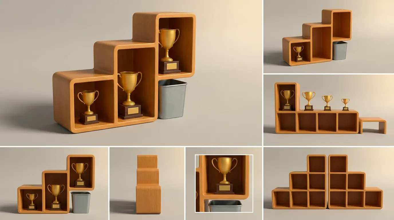 A stepped wooden shelf of three cubbies rises like a podium, the tallest cubby holding the biggest gold trophy while smaller trophies sit lower down the steps, and a plain metal bin stands beside the shelf, waiting to catch whichever trophy is nudged off when a newcomer takes its place.