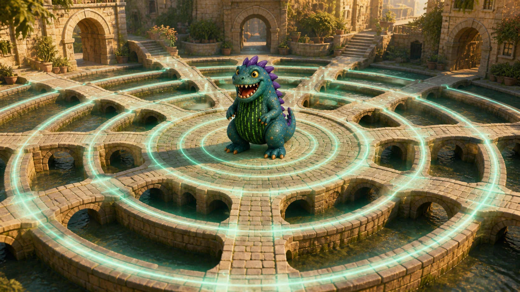 Gigabyte, a chubby teal lizard with purple spines, frozen just after a jump while physical concentric rings rise from the stone floor and spread into the surrounding corridors.