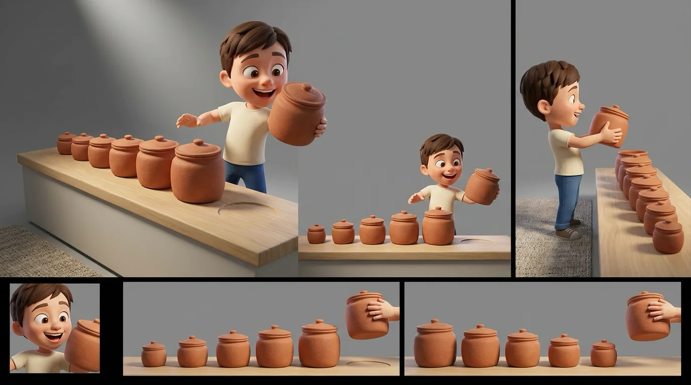 A person holding the best object taken from a visibly graded horizontal row, with a clear empty gap where it stood and every remaining object still untouched.