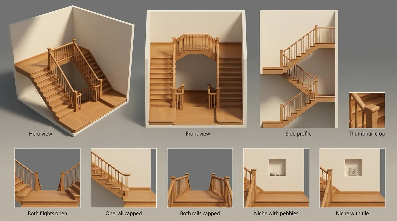 A walkable stairwell landing that splits into multiple child flights connected through parent landings, with ordinary railings and no letter sequence or nesting drawer cabinet.