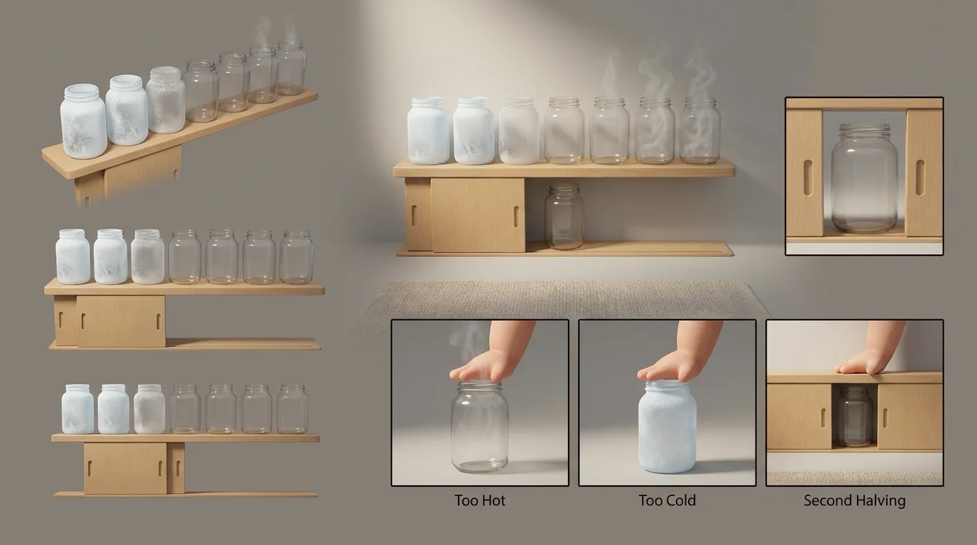 A visual reference sheet shows seven jars ordered from heavy frost to rising steam, one hand testing a central jar, and shelf panels closing around a progressively narrower range.